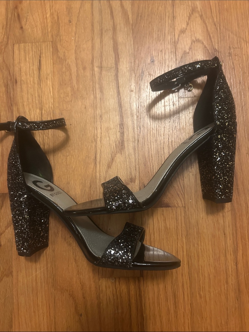 G by Guess Black Glitter Ankle-Strap Block Heels